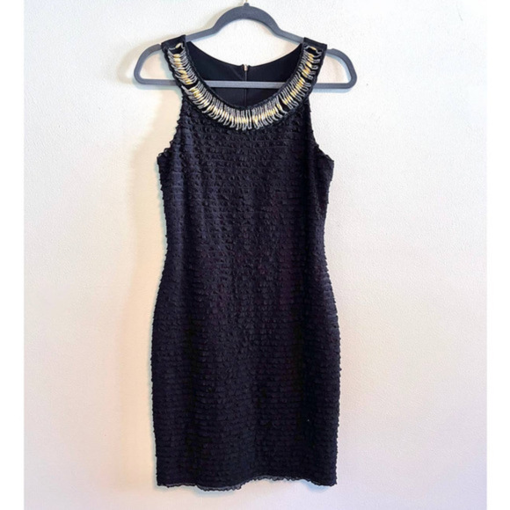 Joseph Ribkoff Beaded Neck Ruffled Sheath Dress |‎ Black Size 8